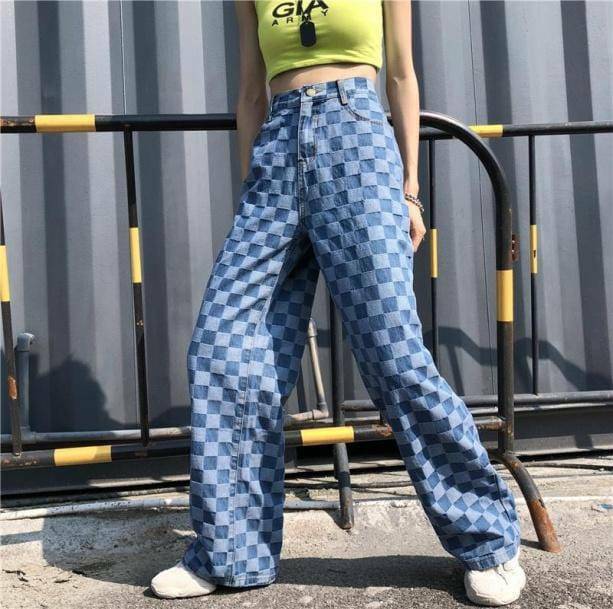 Y2K Aesthetic Blue Checkered Jeans for Trendy Skater Outfits