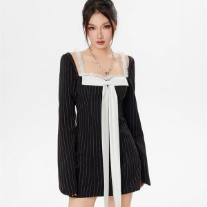 Y2K Aesthetic Bow Mini Dress with Striped Lace Straps for Trendy Looks