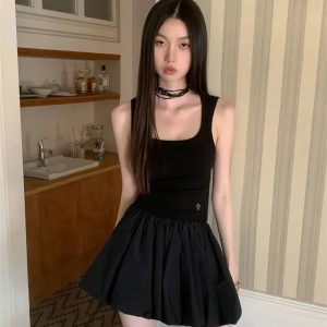 Y2K Aesthetic Bubble Mini Dress with Front Clasp Buckles & Ruffles