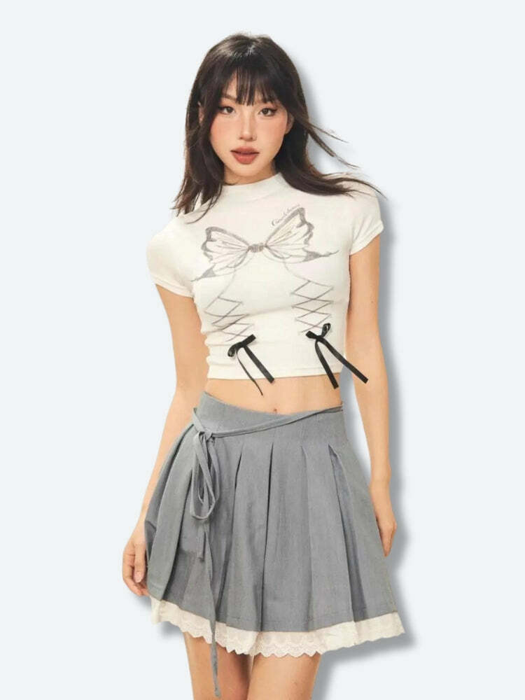 Y2K Aesthetic Butterfly Crop Top with Ruffle Details for Trendy Looks