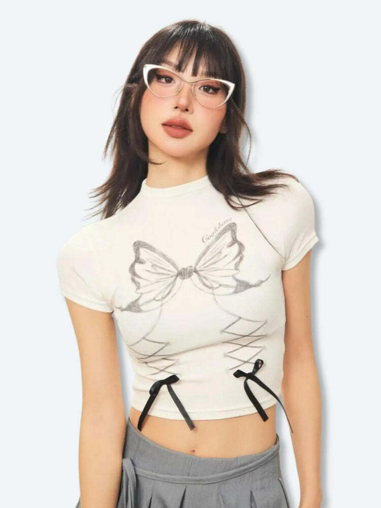 Y2K Aesthetic Butterfly Crop Top with Ruffle Details for Trendy Looks