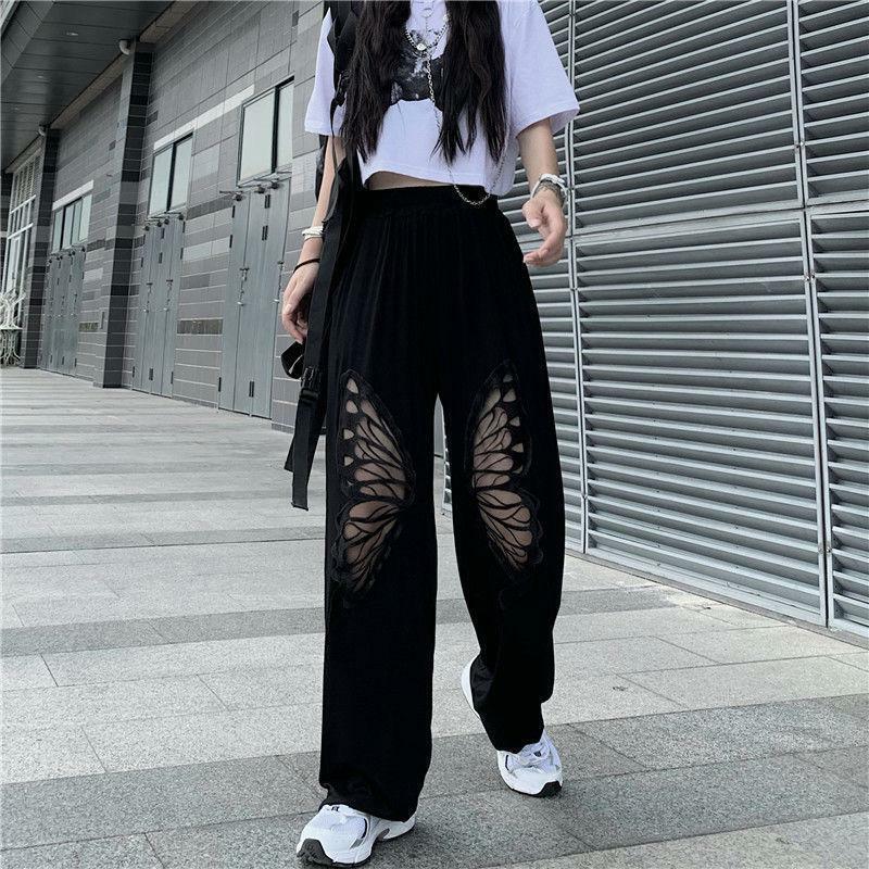 Y2K Aesthetic Butterfly Cut-Out Pants with Elasticated Waist for Trendy Style