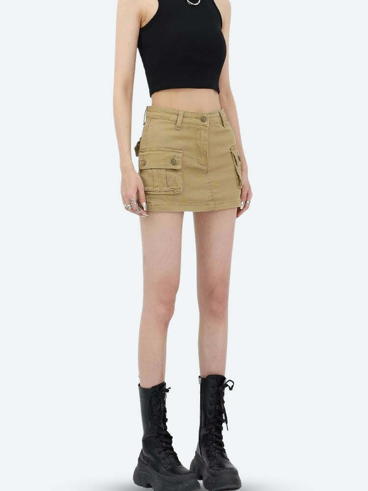 Y2K Aesthetic Cargo Denim Mini Skirt with Pockets for Trendy Looks