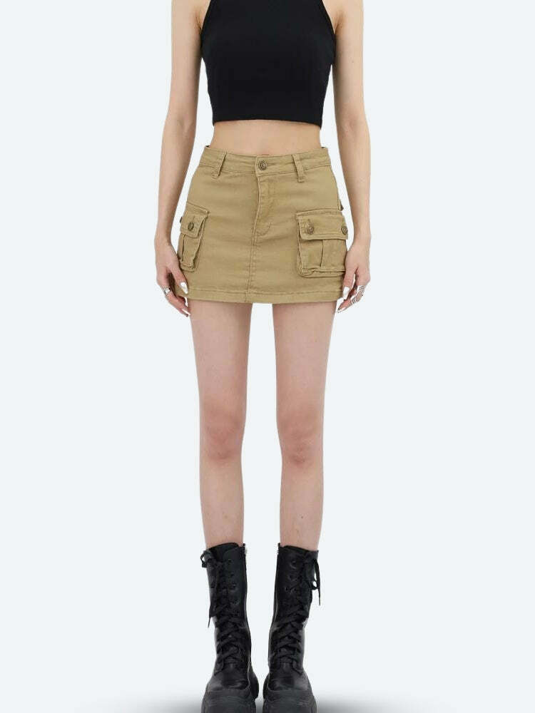 Y2K Aesthetic Cargo Denim Mini Skirt with Pockets for Trendy Looks