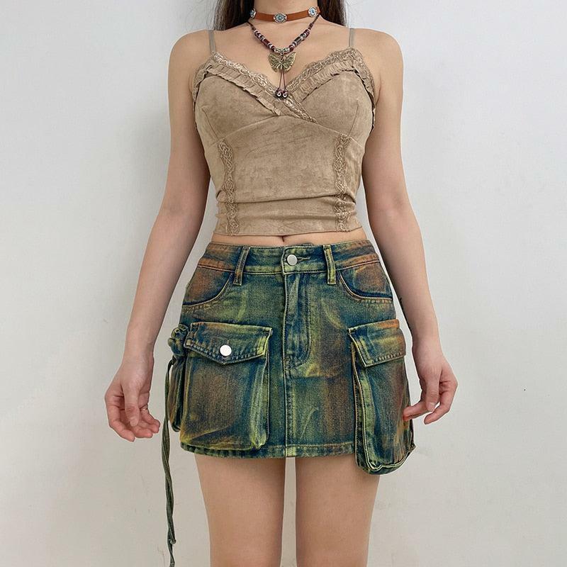 Y2K Aesthetic Cargo Denim Mini Skirt with Ruffle Details and Pockets