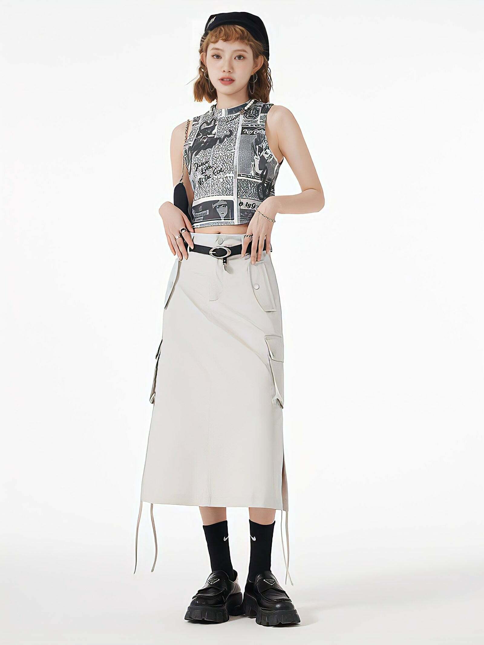 Y2K Aesthetic Cargo Midi Skirt with Slit & String Details for Trendy Looks