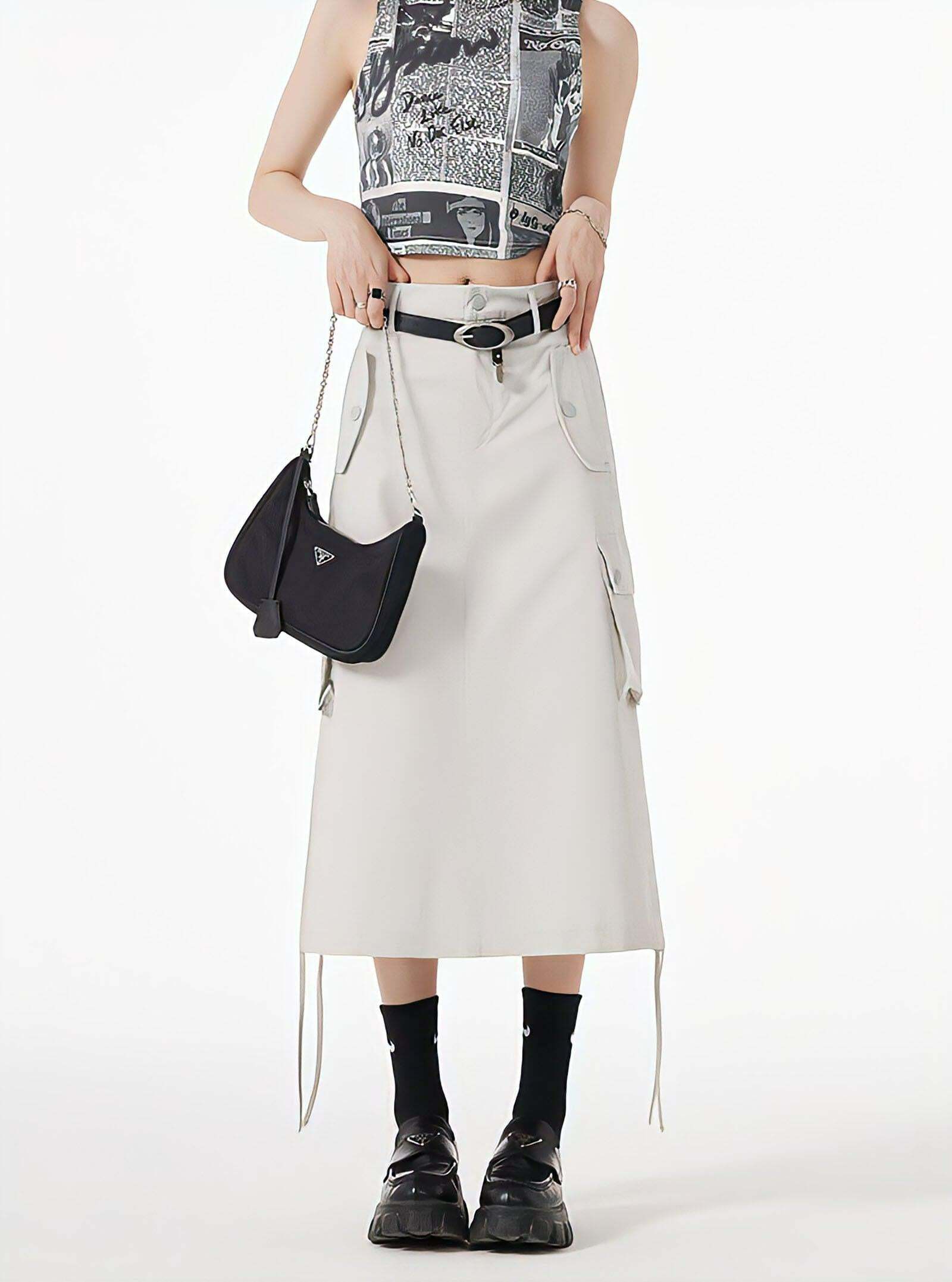 Y2K Aesthetic Cargo Midi Skirt with Slit & String Details for Trendy Looks