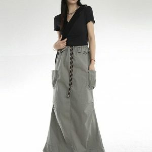 Y2K Aesthetic Cargo Pockets Parachute Maxi Skirt for Trendy Styles