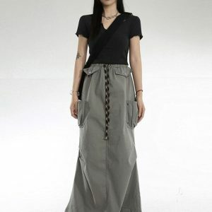 Y2K Aesthetic Cargo Pockets Parachute Maxi Skirt for Trendy Styles