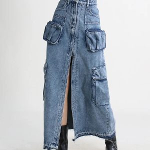 Y2K Aesthetic Cargo Split Denim Midi Skirt for Trendy Coquette Style