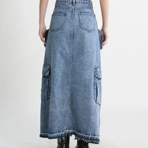 Y2K Aesthetic Cargo Split Denim Midi Skirt for Trendy Coquette Style