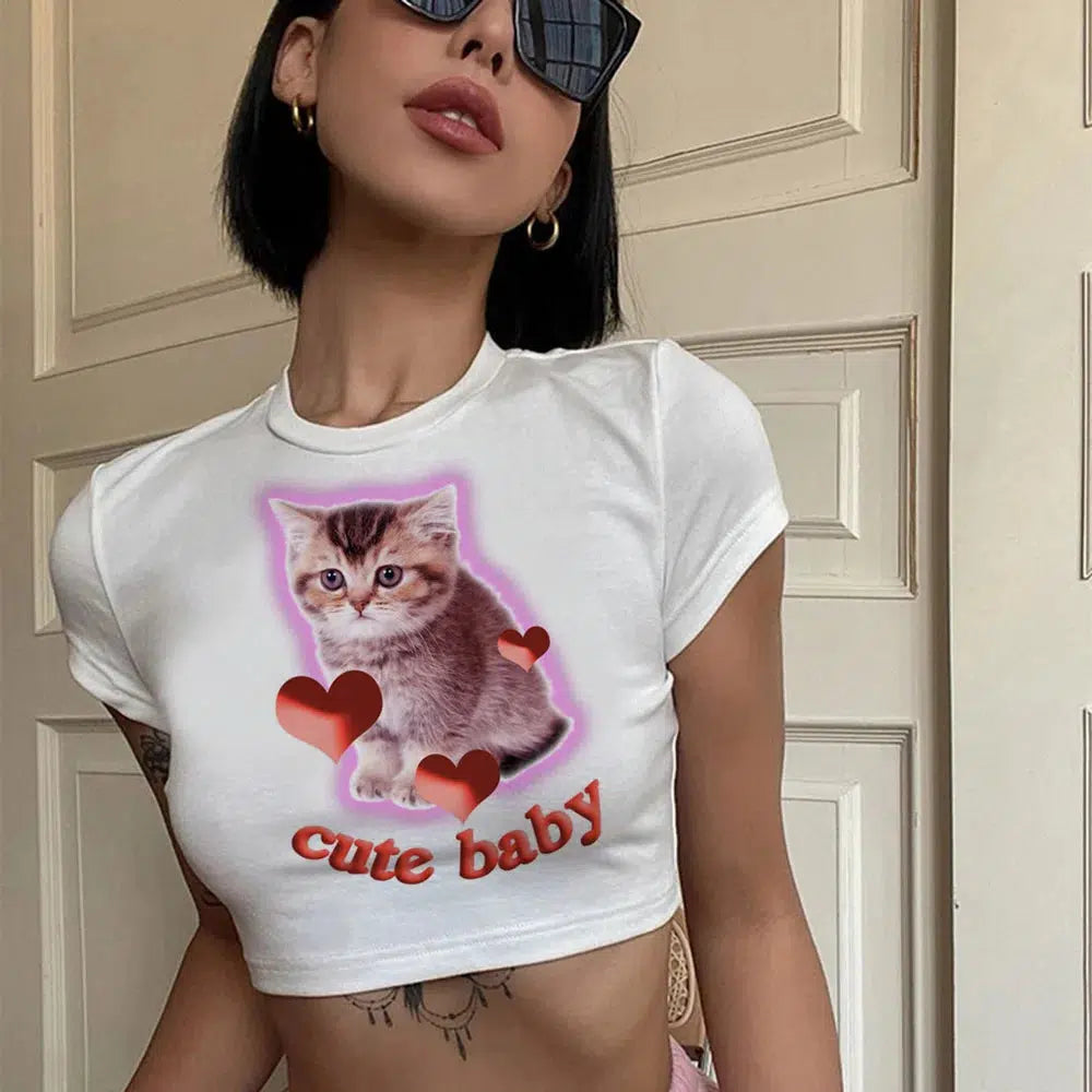 Y2K Aesthetic Cat Baby Tee: Cute Crop Top for Coquette Style Lovers