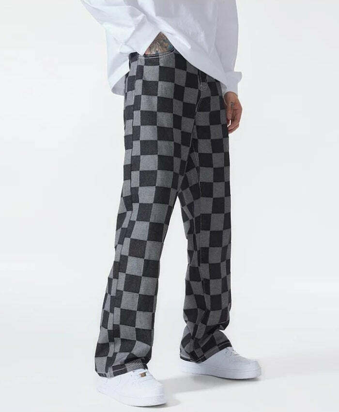 Y2K Aesthetic Checkered Black Pants for Trendy Grunge Looks