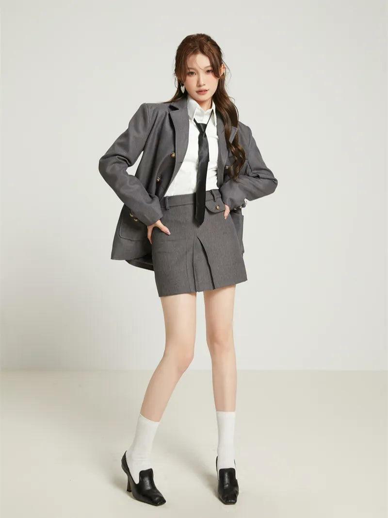 Y2K Aesthetic Coquette Blazer, Shirt & Preppy Skirt Set for Trendy Looks