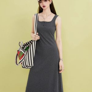 Y2K Aesthetic Coquette Button-Up Midi Dress with Ruffle Skirt Details