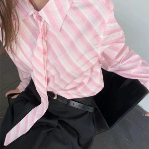 Y2K Aesthetic Coquette Button-Up Striped Shirt with Matching Tie