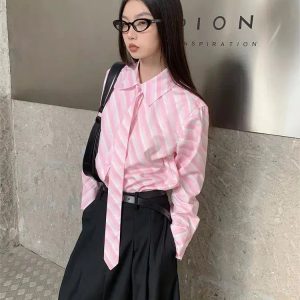 Y2K Aesthetic Coquette Button-Up Striped Shirt with Matching Tie