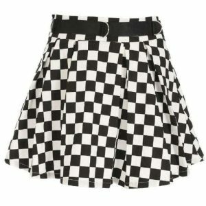 Y2K Aesthetic Coquette Checkerboard Skirt with Ruffle Detail