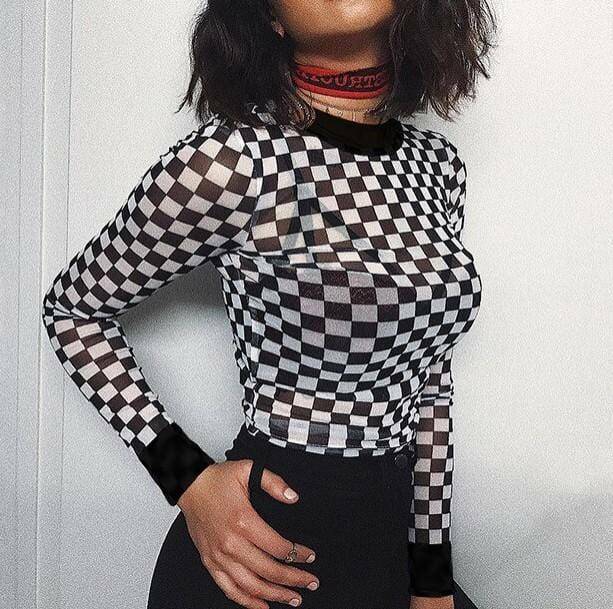 Y2K Aesthetic Coquette Checkerboard Top with Ruffle Details