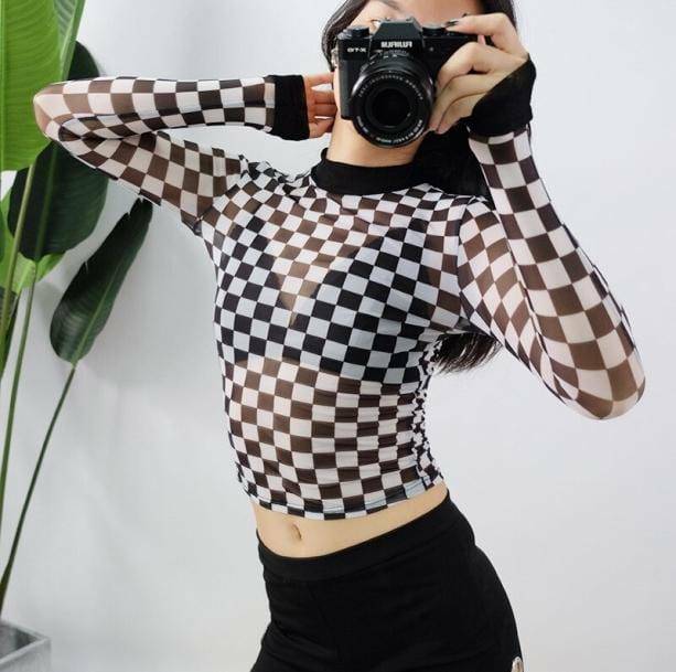 Y2K Aesthetic Coquette Checkerboard Top with Ruffle Details