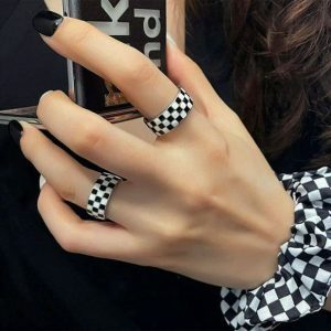 Y2K Aesthetic Coquette Checkered Rings for Trendy Fashion Lovers