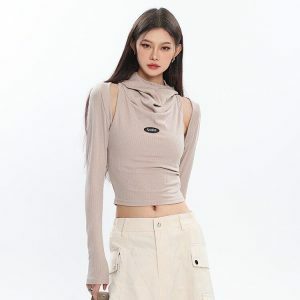 Y2K Aesthetic Coquette Cut-Out Crop Top with Cowl Collar - Trendy Style