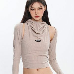 Y2K Aesthetic Coquette Cut-Out Crop Top with Cowl Collar - Trendy Style