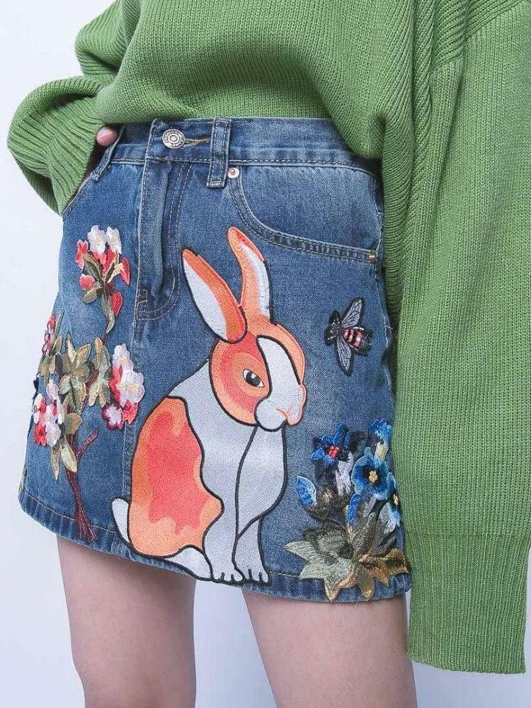 Y2K Aesthetic Coquette Cute Rabbit Denim Mini Skirt for Trendy Looks