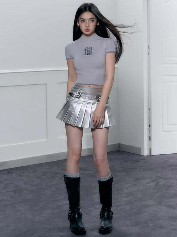 Y2K Aesthetic Coquette Cyberpunk Metallic Mini Skirt for Trendy Looks