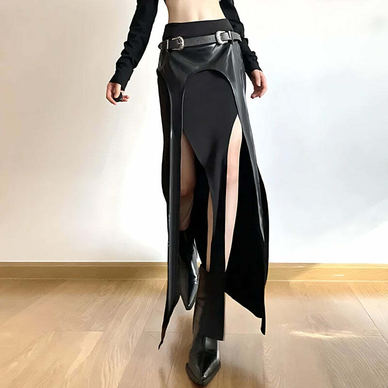 Y2K Aesthetic Coquette Double Slit Maxi Skirt - Trendy Grunge Fashion