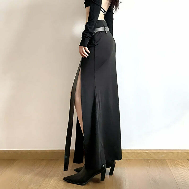 Y2K Aesthetic Coquette Double Slit Maxi Skirt - Trendy Grunge Fashion