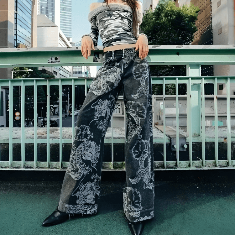 Y2K Aesthetic Coquette Dragon Printed Jeans for Trendy Outfits