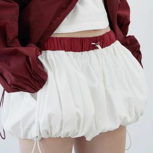 Y2K Aesthetic Coquette Drawstring Bubble Mini Skirt with Ruffle Detail