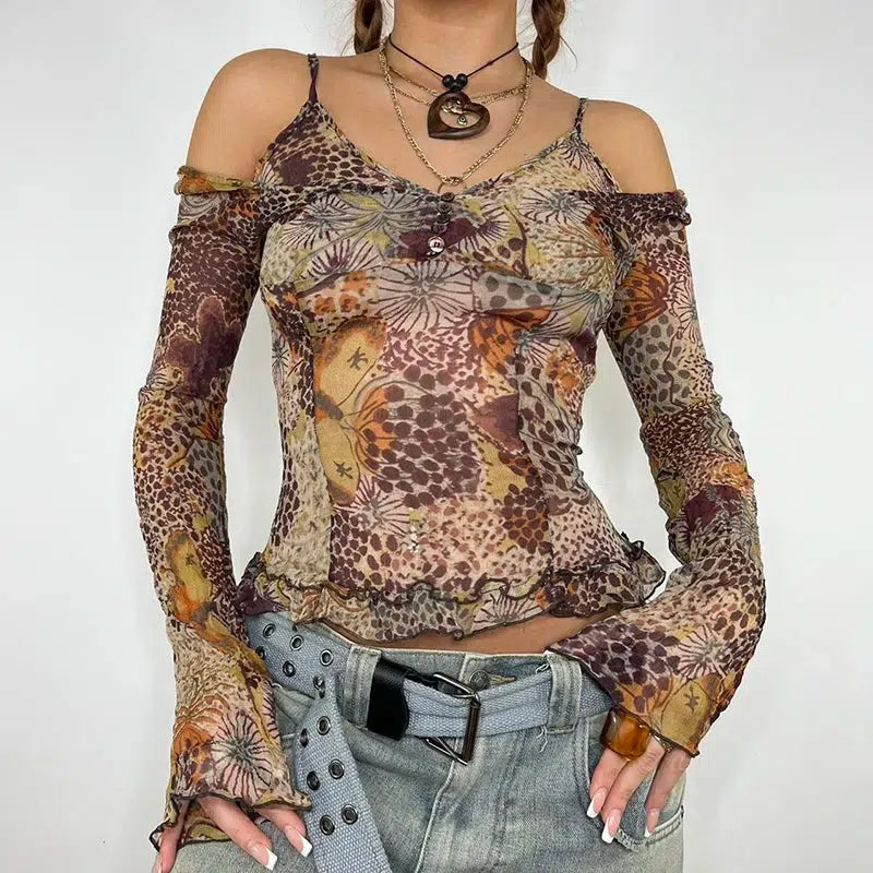 Y2K Aesthetic Coquette Floral Mesh Top with Ruffle Details