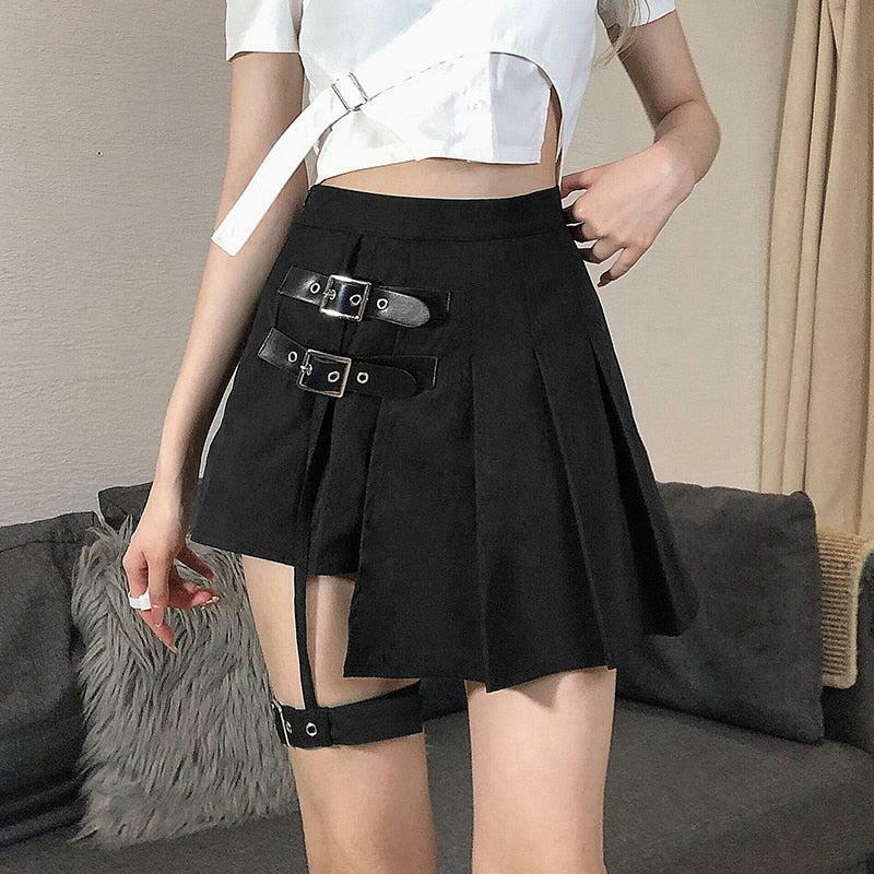 Y2K Aesthetic Coquette Goth Belt Detail Mini Skirt for Trendy Looks