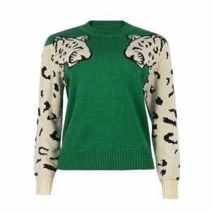 Y2K Aesthetic Coquette Green Leopard Sweater - Trendy Vintage Style