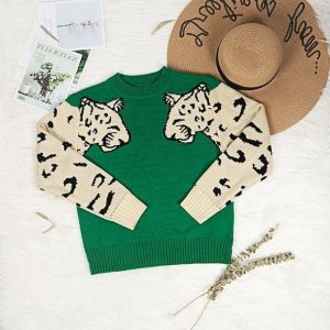 Y2K Aesthetic Coquette Green Leopard Sweater - Trendy Vintage Style