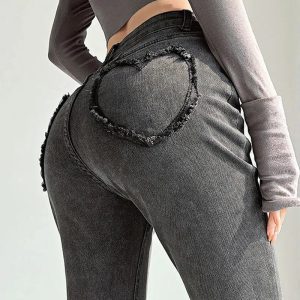 Y2K Aesthetic Coquette Heart Pocket Flare Jeans for Trendy Outfits