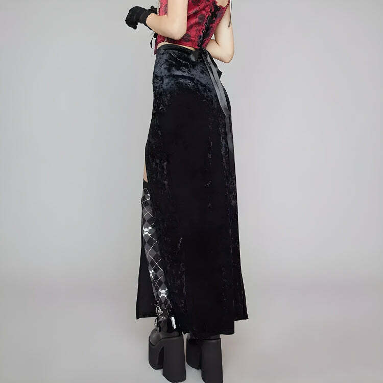 Y2K Aesthetic Coquette High Split Velvet Midi Skirt for Trendy Looks