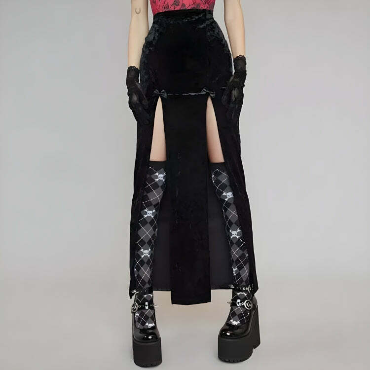 Y2K Aesthetic Coquette High Split Velvet Midi Skirt for Trendy Looks