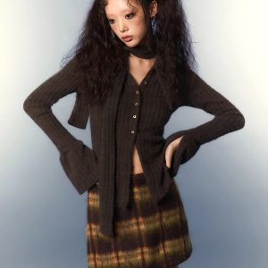 Y2K Aesthetic Coquette Knitted Cardigan with Chelsea Collar & Scarf Tie