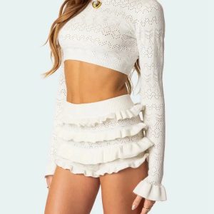 Y2K Aesthetic Coquette Knitted Crop Top & Ruffled Shorts Set