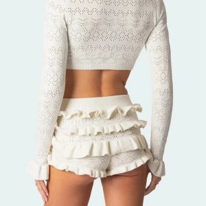 Y2K Aesthetic Coquette Knitted Crop Top & Ruffled Shorts Set