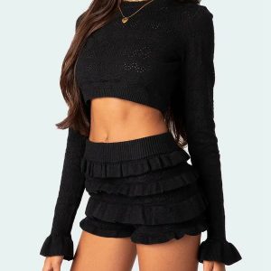 Y2K Aesthetic Coquette Knitted Crop Top & Ruffled Shorts Set