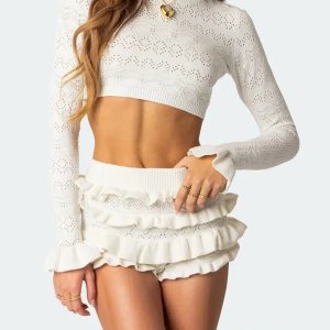 Y2K Aesthetic Coquette Knitted Crop Top & Ruffled Shorts Set