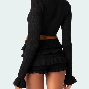 Y2K Aesthetic Coquette Knitted Crop Top & Ruffled Shorts Set