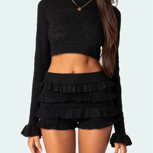 Y2K Aesthetic Coquette Knitted Crop Top & Ruffled Shorts Set