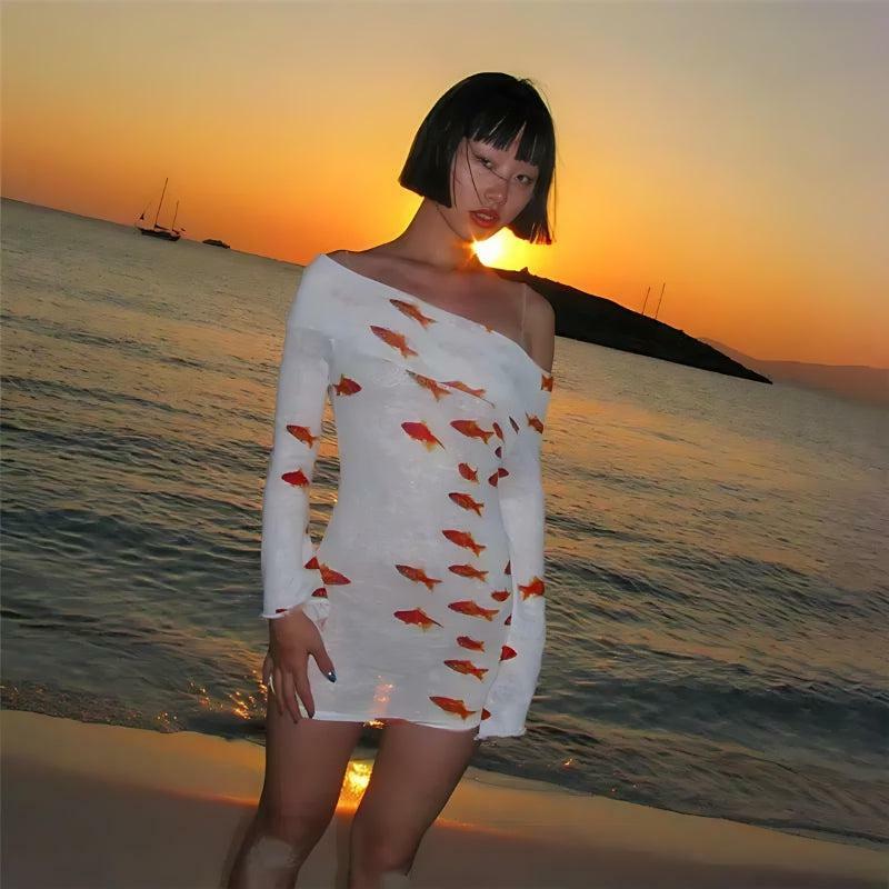 Y2K Aesthetic Coquette Koi Fish Printed Mesh Mini Dress for Trendy Looks