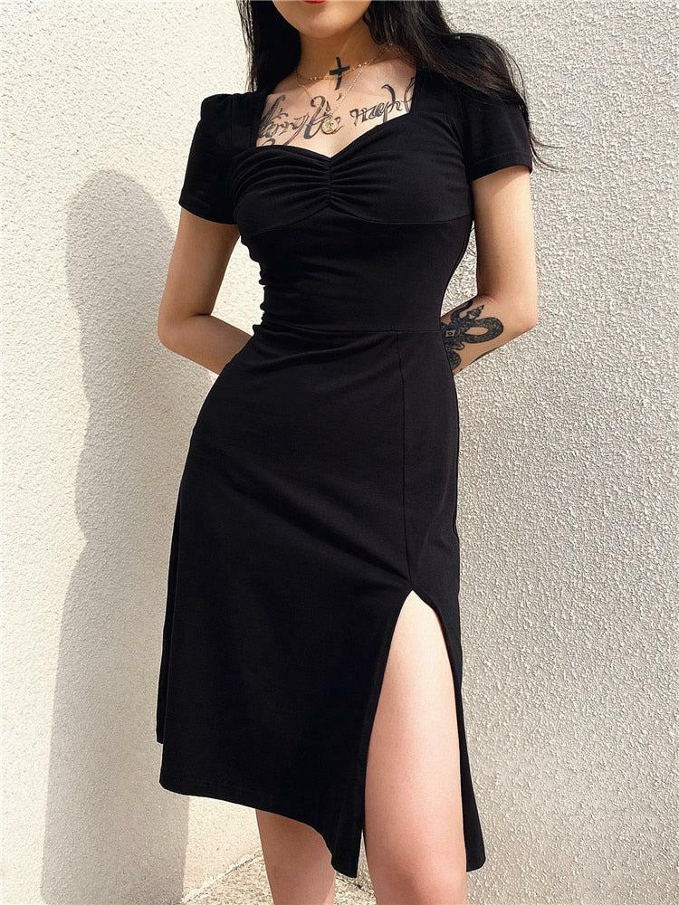 Y2K Aesthetic Coquette Leg Split Midi Dress - Trendy Vintage Style