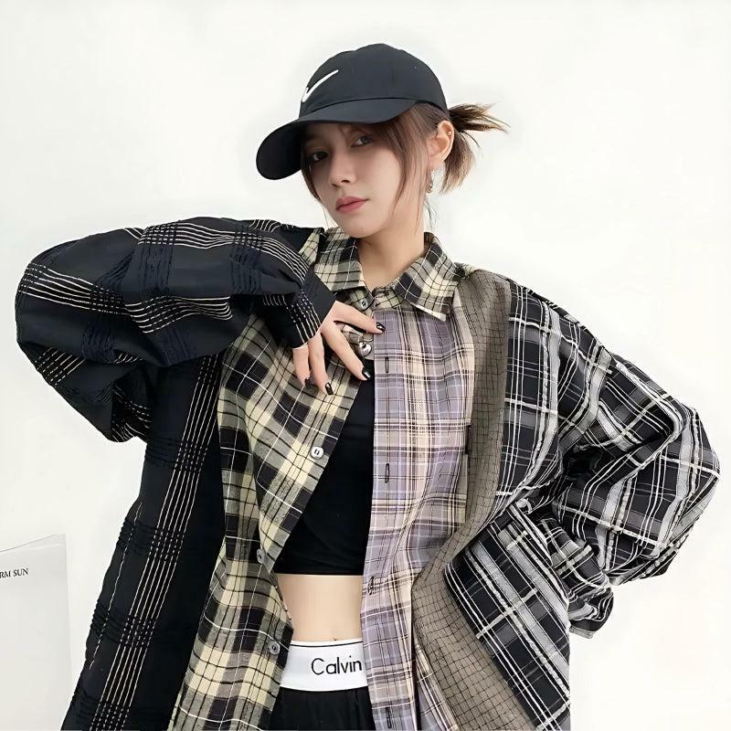 Y2K Aesthetic Coquette Multi-Pattern Plaid Shirt for Trendy Outfits